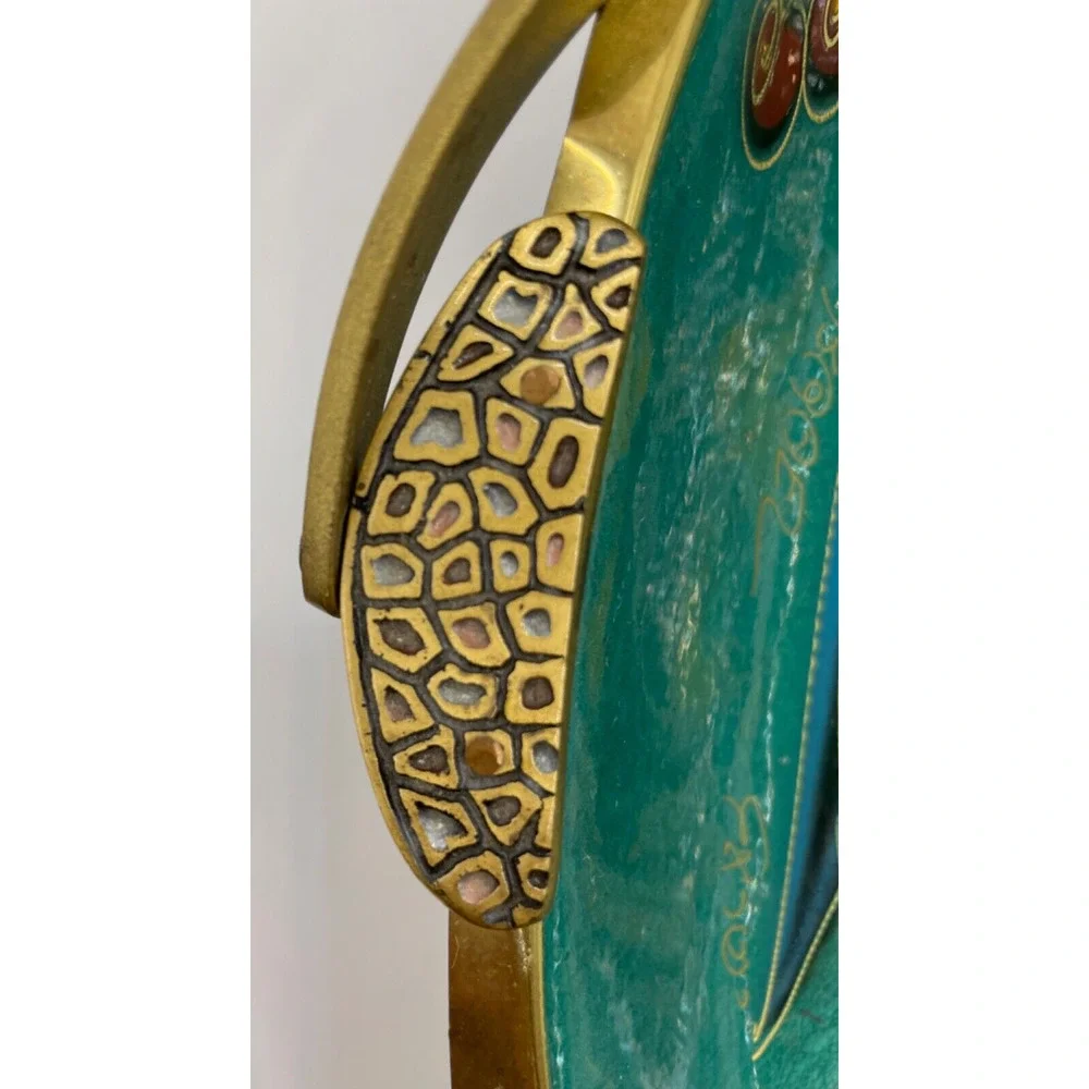 Vintage 1960s Brass Turquoise Enamel Basket With Handle Signed Made in Israel